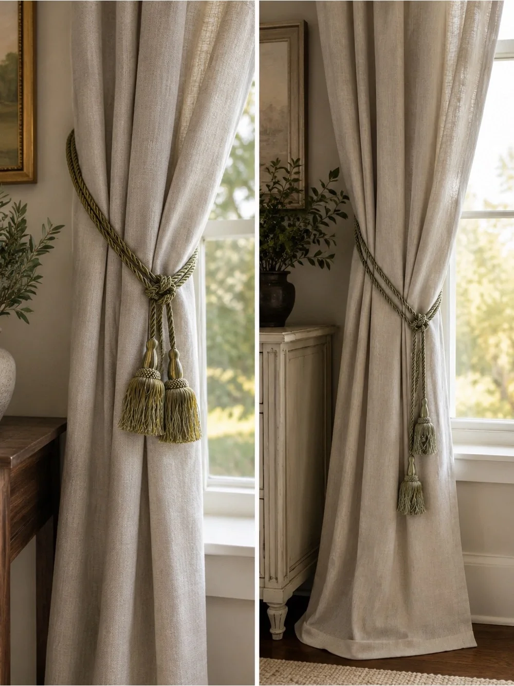 Sage green tassle curtain tie backs set of 2